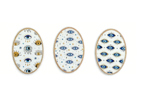 Vente en gros de dessous-de-plat en céramique œil porte-bonheur, ovale bleu méditerranéen doré, résistant à la chaleur, décoration de table