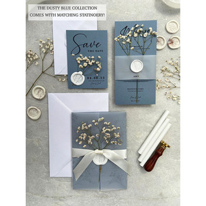 Carte de menu de mariage élégante, personnalisée, design gratuit, bleu poussiéreux, gypsophile, fantaisie - Product Image 3