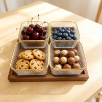 Plat à bonbons carré en verre rayé avec bord doré et support en bois de bambou, bol à fruits pour rangement de cuisine, décoration intérieure, centre de table OEM