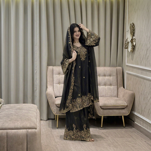 Conjunto de Vestido Tradicional Indio-Pakistaní para Mujer, Color Negro, Bordado, Largo hasta el Suelo, con Trabajo de Hilo Dorado, para Bodas - Product Image 1