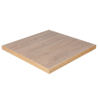 Table de bistrot carrée commerciale USA Formica, plateau HPL bicolore finition bois flotté avec base en piédestal noir, facile à nettoyer pour restaurant