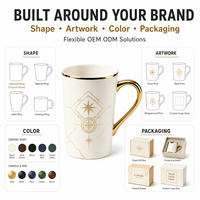 Mug à café en céramique blanche de luxe avec anse dorée et motif géométrique boussole, idéal pour cadeau haut de gamme, OEM, ODM, vente en gros personnalisée