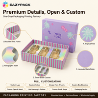 Boîtes de parfum à la lavande personnalisées, ensemble holographique, boîtes cadeaux en carton, boîtes à couvercle et base à imprimé tropical pour cadeaux de beauté