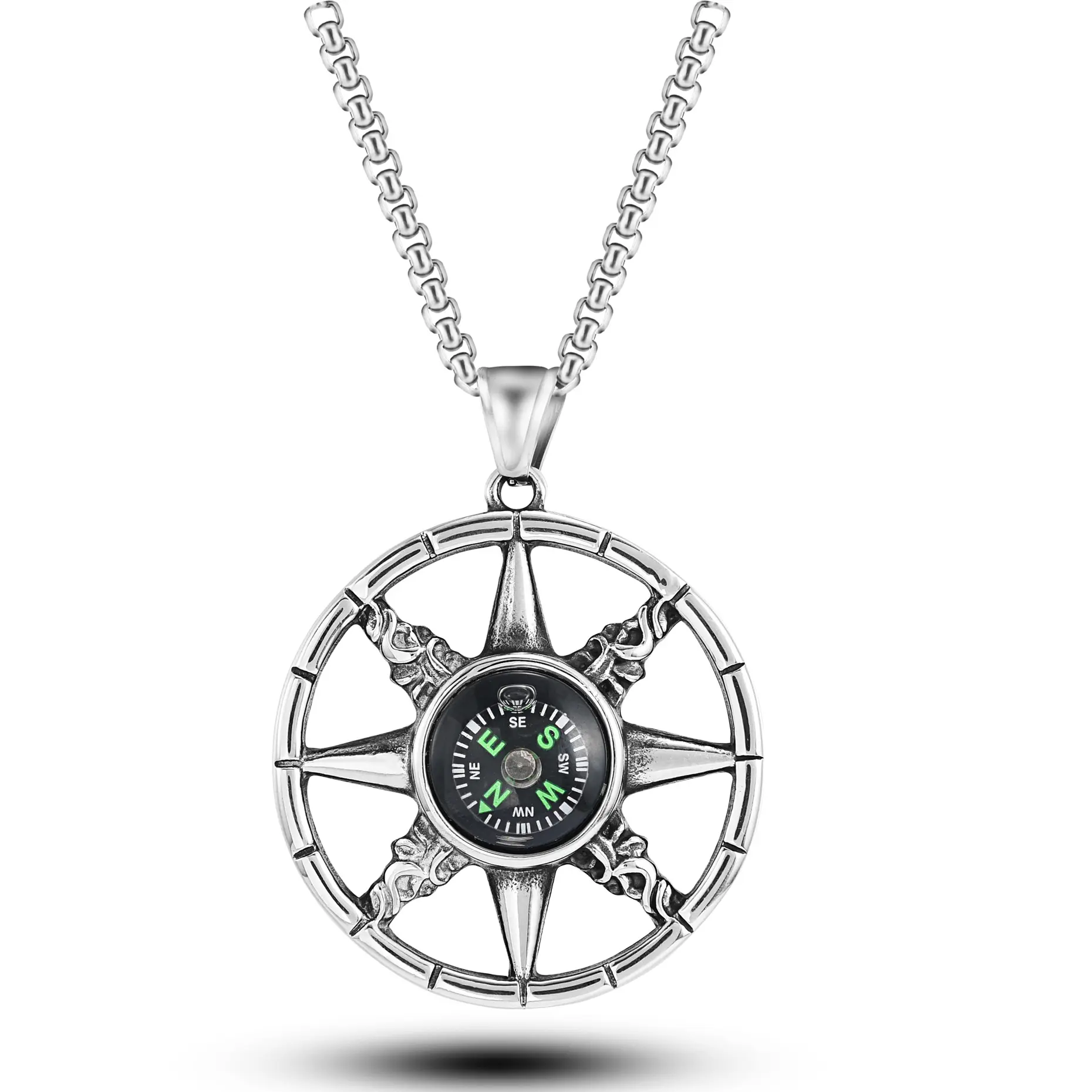 Factory Wholesale Vintage Mens Working Nautical Compass Necklace Pendant Stainless Steel Accessories Customize OEM Low MOQ