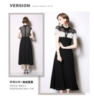 Femmes Nouveau Designer Mode Demi-col montant Noir et Blanc Dentelle Patchwork Longue Robe en Mousseline Robe Décontractée