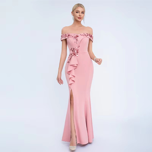 Robe longue en tulle brodée de roses en 3D stéréoscopique avec des paillettes, au tempérament féminin - Product Image 1