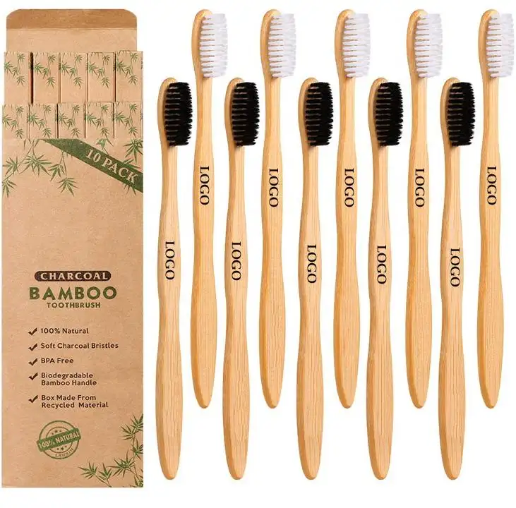 Muestra gratis personalizado biodegradable respetuoso con el medio ambiente sin BPA cerdas suaves cepillo de dientes de madera de bambú carbón cepillo de dientes de bambú para adultos
