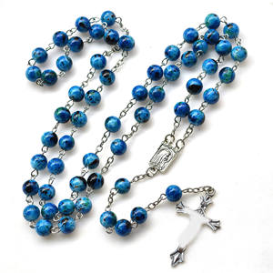 Rosario de Cristal Azul Católico con Cuentas de Cristal, Chapado en Rodio, Cruz de Jesús, María, para Mujer, Imitación - Product Image 6