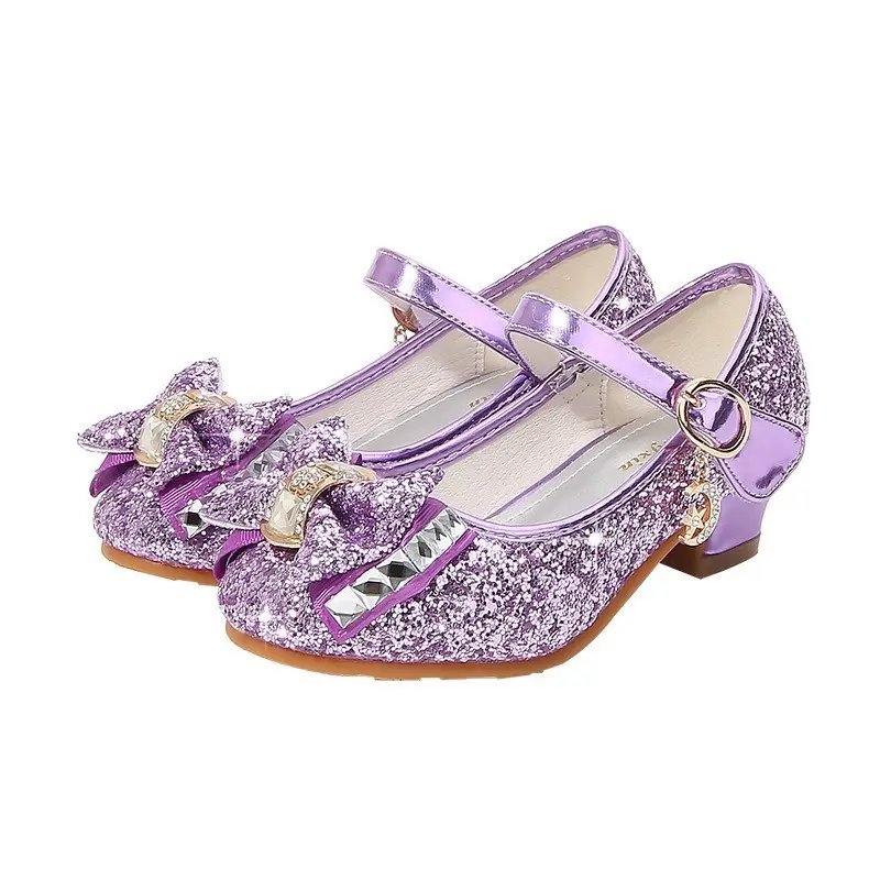 New Princess Fashion Girls Shoes Glitter Sandals Girls High Heel Shoes With Bow Rhinestone Dance Dress Wedding Shoe