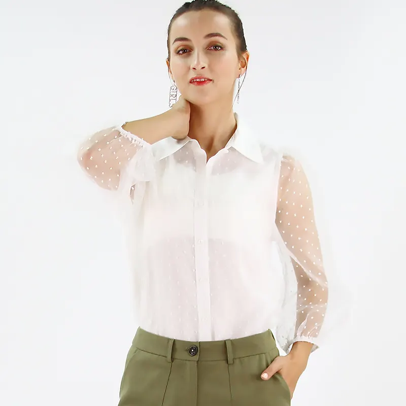 Blus Jala Tipis Wanita, Baju Atasan Lengan Panjang Tembus Pandang Berkancing Mutiara Putih Transparan untuk Perempuan