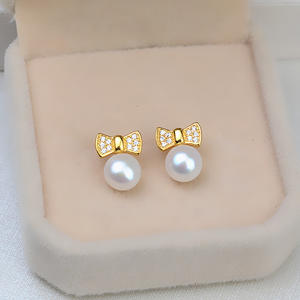 Accessoires DIY en argent S925, boucles d'oreilles tendance avec petites perles de 8-9 mm, nœud papillon et support vide, ensemble de boucles d'oreilles pendantes 1062 - Product Image 2