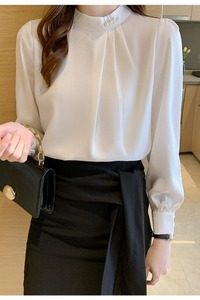 8692 #   Áo thun dài tay đính ngọc trai cho nữ Áo thun cổ đứng thanh lịch dành cho nữ Áo kiểu đơn giản thời trang công sở Áo kiểu - Product Image 2