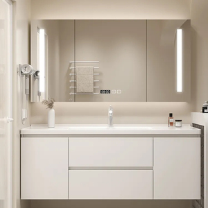 <span class=keywords><strong>Set</strong></span> Mobile da <span class=keywords><strong>Bagno</strong></span> Sospeso di Lusso dal Design Moderno in Legno con Lavabo in Ceramica e Specchio a LED per Casa Hotel Ufficio - Product Image 1
