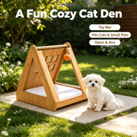 Tente pour chat en bois naturel faite à la main, moderne et confortable, avec coussin moelleux, vis en métal robustes, design ventilé, pour chats de petite taille
