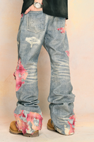 Jean en denim ample et large à taille mi-haute, imprimé nuages coucher de soleil, style vintage décontracté, 100 % coton épais, coupe brute, personnalisable ODM/OEM