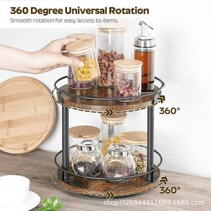 Étagère de rangement en bois à double niveau, organisateur d'épices de cuisine, support à condiments en bois massif avec cadre en fer pour bureau - Product Image 2