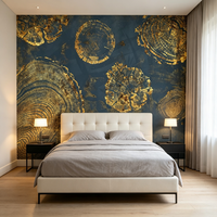 Papier peint mural de luxe effet anneau d'arbre doré, motif bois métallisé, marbre bleu marine foncé, auto-adhésif