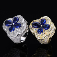 Bague Fulsun en argent sterling 925 avec moissanite bleue en forme de fleur, style hip-hop pour homme, personnalisable, trèfle à quatre feuilles