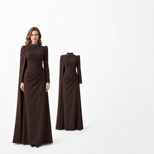 Elegante Vestido Tubo Marrón Oscuro de Cuello Alto con Manga Larga y Lentejuelas, Vestido de Noche Transpirable para Mujer, Ropa Formal de Invierno - Product Image 2