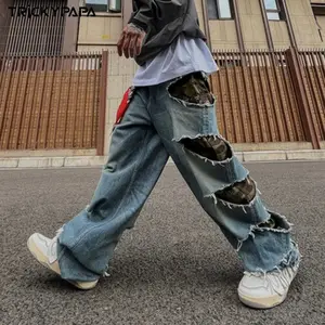 Custom High Quality Camouflage Holes Hip pop Cargo Pants Logo Baggy Washed and Splashed Ink Patches Men's Jeans