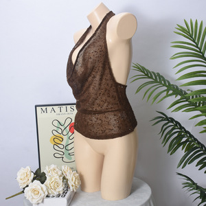 Shiny Deep V Solid Colour Vest Fashion Sexy See Through Swing Neck Halter <b>Top</b> for Women Fashion - Product Image 5