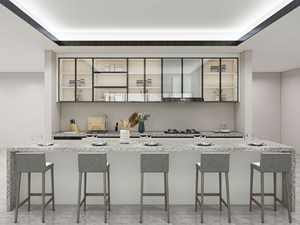 Stylish Modern Glass <b>Cabinets</b> Kitchen Large <b>Storage</b> Quartz Countertop Island with Plywood Construction and Sink - Product Image 2