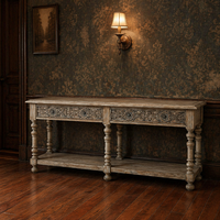 Table console en bois rustique de style farmhouse, chêne vieilli, avec tiroirs et étagère, pour entrée, salon ou couloir