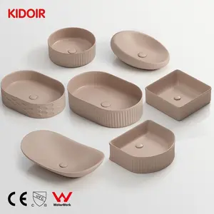 Kidoir Wholesale Cream Matt Color Oval Table Top Art Hand Wash Basin Lavabo Washbasin Ceramic Countertop Vessel Bathroom Sink