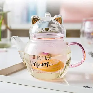Demlik ile 39 yıl fabrika kedi tasarım yaprak çay makinesi Stovetop güvenli çay su ısıtıcısı kedi tarzı cam demlik