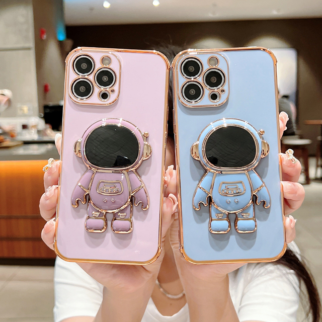 Luxury 3D Astronaut Stand Holder Bracket Plating Soft Case for iPhone 13 12 11 Pro Max X XR XS 7 8 Plus Kickstand Phone Cover