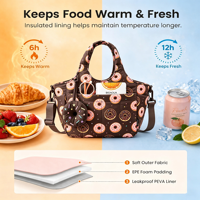 Sac à déjeuner isotherme mignon pour femme en polyester, pliable, imperméable, 13L, avec bandoulière, grand porte-bouteille, pour le travail, les pique-niques et le quotidien