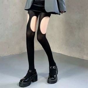Black Four Way Strappy Velvet Pantyhose With 3D Lace Trim Cutouts On Thighs Faux <b>Suspender</b> <b>Tights</b> Opaque 10D Solid Color - Product Image 4