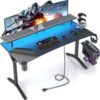 Mesa de juegos de diseño moderno y lujoso, luces LED de 55 pulgadas y toma de corriente, soporte de monitor de mesa para juegos de ordenador, fácil de montar