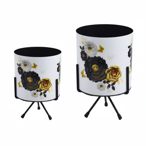 Jardinière en métal massif de bonne qualité avec support motif imprimé de fleurs pour la maison balcon Patio décor petit jardinière de fleurs - Product Image 1