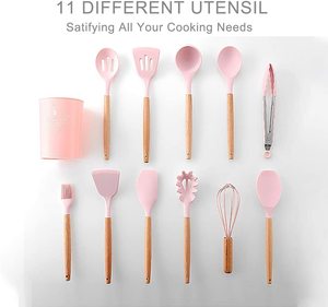 12 Stuks Goedkoop Keukengerei Keukengereedschap Roze Siliconen Gebruiksvoorwerp Keukenset Met Houten Handvat En Houder - Product Image 3