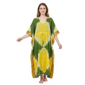Vestido Kaftán de Algodón Tie Dye con Cuello en V, Estilo Vintage Holgado Midi para Verano con Cordón Ajustable, Diseño Ecológico en Verde y Amarillo - Product Image 1