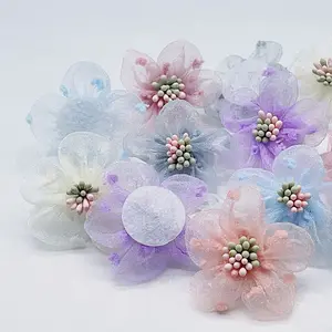 Organza hoa hai màu lõi vải handmade năm cánh hoa trẻ em phụ kiện hoa tóc