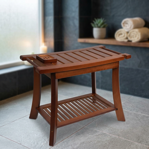 Banco de Baño de Madera Maciza con Estante de Almacenamiento, Diseño Tradicional, Asiento de Ducha de Madera de 2 Niveles con Portavasos - Product Image 2