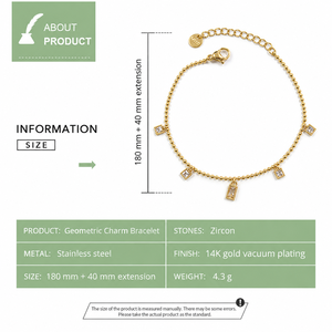Geometric Zircon Charm <b>Bracelet</b>, Stainless Steel <b>Beaded</b> Chain with 14K Gold Vacuum Plating, Gold and <b>Silver</b> Colors - Product Image 2