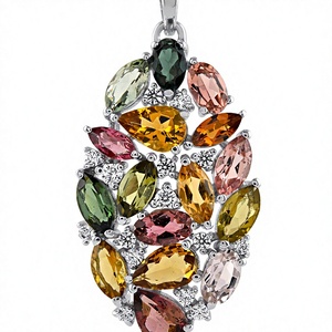Pendentif en tourmaline multicolore en forme de fleur en argent sterling 925 plaqué rhodium avec accents en C, bijoux de luxe pour femmes - Product Image 1