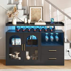 Meuble Bar Moderne <span class=keywords><strong>Noir</strong></span> avec Éclairage LED, Portes en Verre Cintrées, Casier à Vin et Buffet de Rangement pour Bar à Domicile ou Salle à Manger - Product Image 5