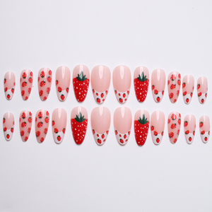 Faux ongles à presser motif fraise rouge mignons - Base nude, forme amande avec <span class=keywords><strong>French</strong></span> <span class=keywords><strong>manucure</strong></span> blanche, réutilisables pour <span class=keywords><strong>manucure</strong></span> quotidienne - Product Image 2