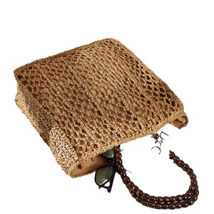 Nouveau style grand sac de shopping en paille tressé à la main, à deux fermetures éclair, avec poignée en perles de bois et motif floral ajouré, Printemps 2024 - Product Image 5