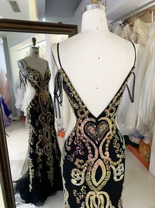 Fournitures de fabrication <span class=keywords><strong>Robes</strong></span> de soirée Aso Ebi pour femmes noires Paillettes <span class=keywords><strong>Longues</strong></span> bretelles spaghetti Robe de soirée imprimée de luxe - Product Image 6