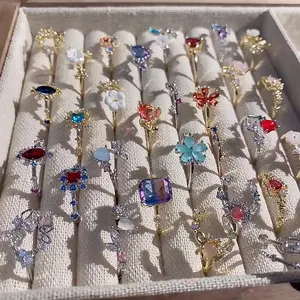 Korean Style Glittering Adjustable Rings Diamond Crystal Zircon Flower Rings Rose Gold Plated Sparkle Sweet Opening Finger Rings