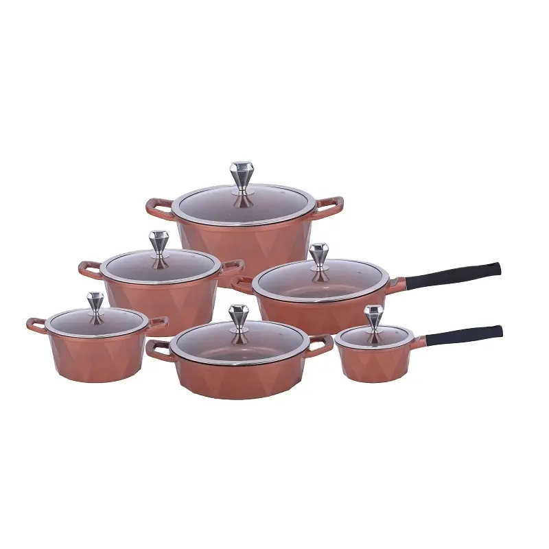 Die Cast Set Peralatan Masak Aluminium, 12 Buah Panci Memasak dan Panci Penggorengan, Set Peralatan Masak Gaya Berlian Anti Lengket