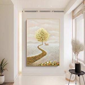 Pintura al óleo pintada a mano, arte abstracto vertical, marco dorado, arte texturizado para pared, decoración para sala de estar, recibidor. - Product Image 2