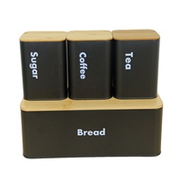 Boîte à pain noire en métal, thé, café, sucre, boîte à pain rétro avec 3 boîtes assorties