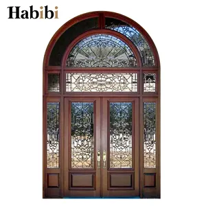 American Arched Top Glass Inserted No Crack Solid Exterior Wooden Traditional Front Door Designs
