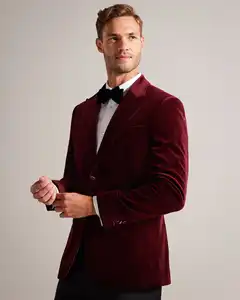 High Luxury Quality Custom Burgundy Groom Wedding Cotton Velvet Blazer Slim Fit Tuxedo Suits Wholesale Tuxedo Suits